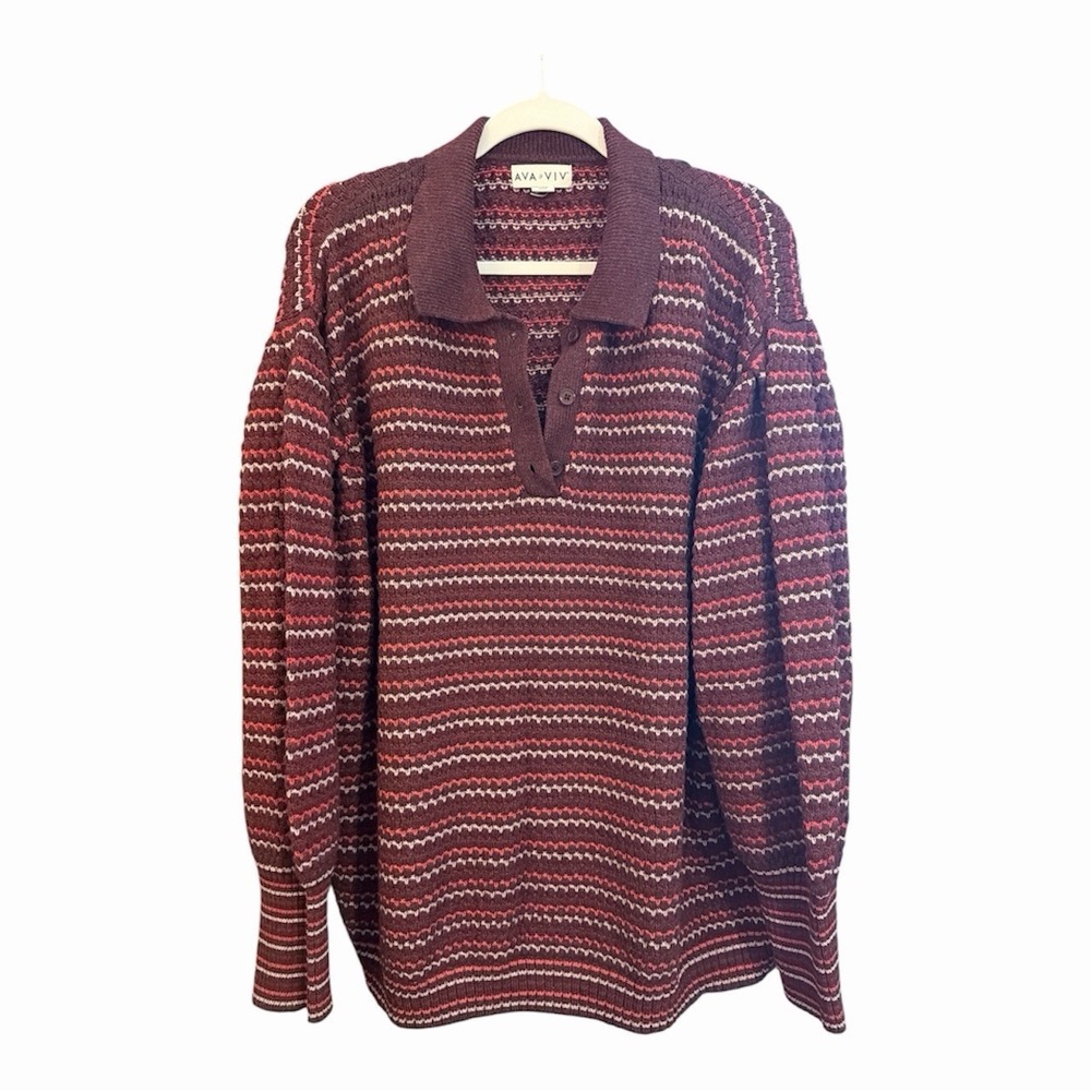 Ava & Viv 3X Burgundy Striped Collared Knit Sweater Plus Size